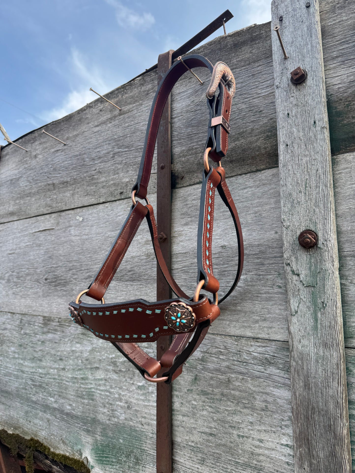 Ice Blue Buckstitch Leather Halter