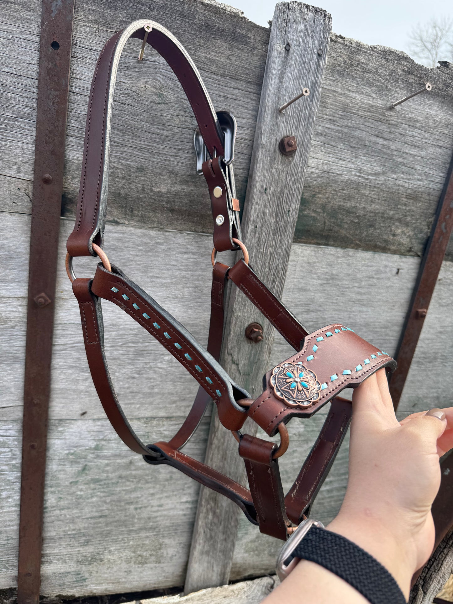 Ice Blue Buckstitch Leather Halter