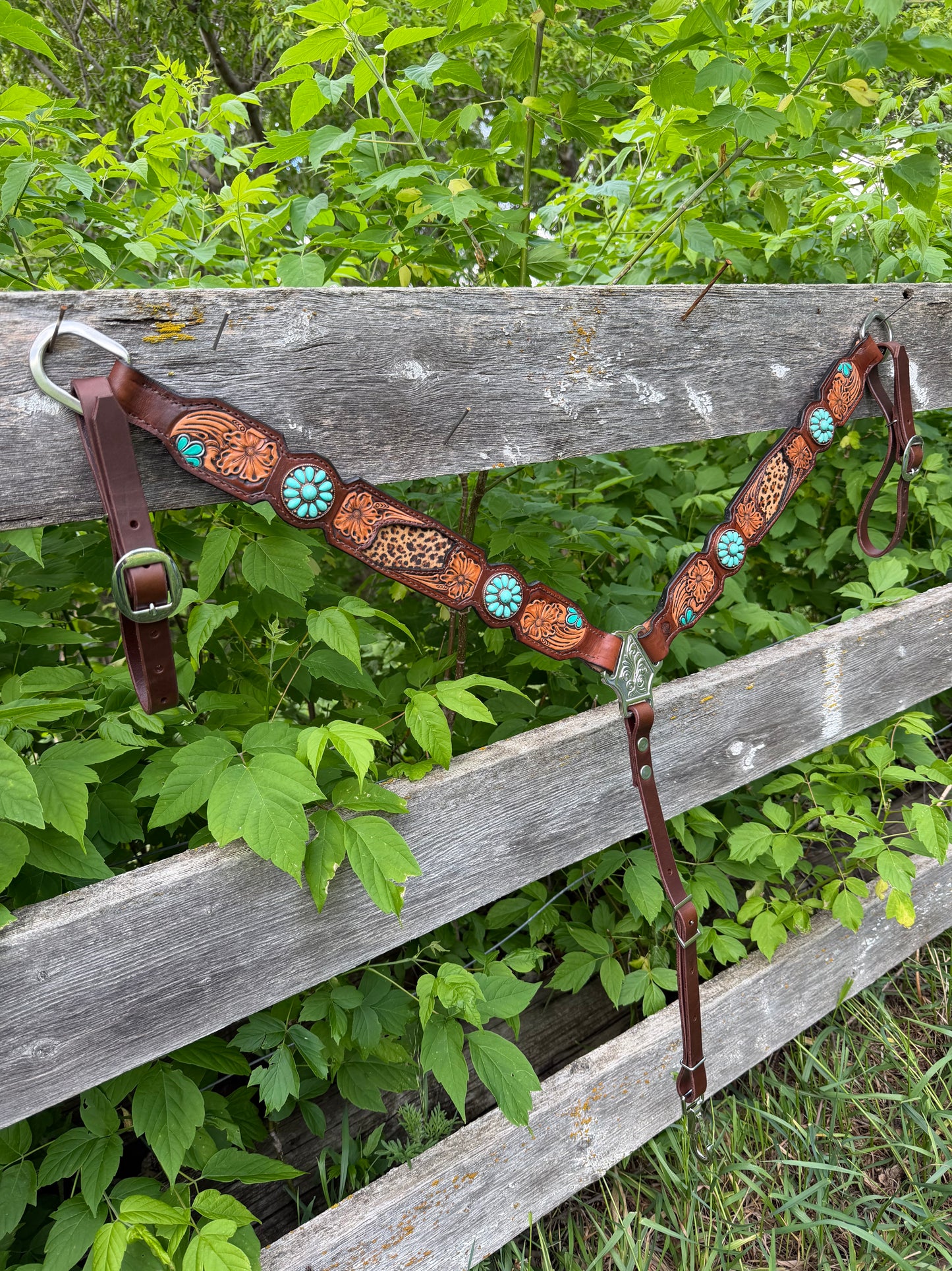 Turqouise Cheetah Tooled Breastcollar