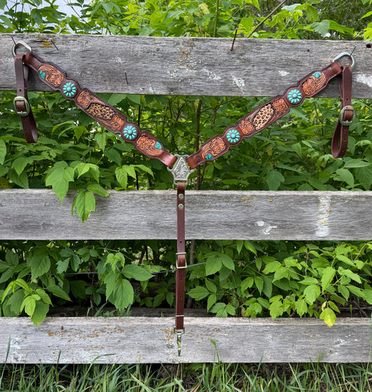 Turqouise Cheetah Tooled Breastcollar